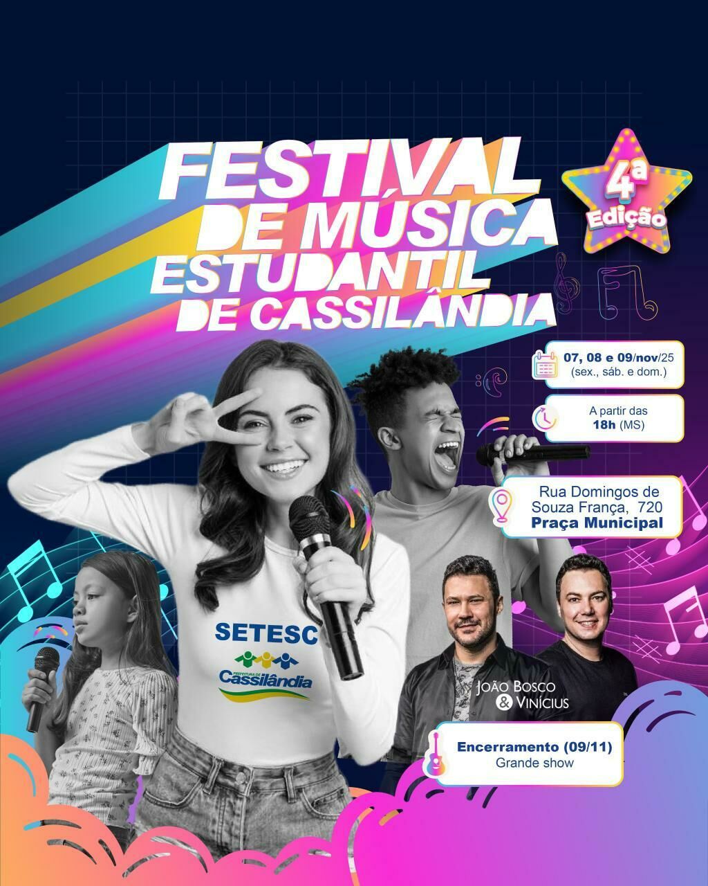Imagem de compartilhamento para o artigo Prefeitura de Cassilândia anuncia 4ª Edição do Festival de Música Estudantil com final e show de João Bosco & Vinícius da MS Todo dia
